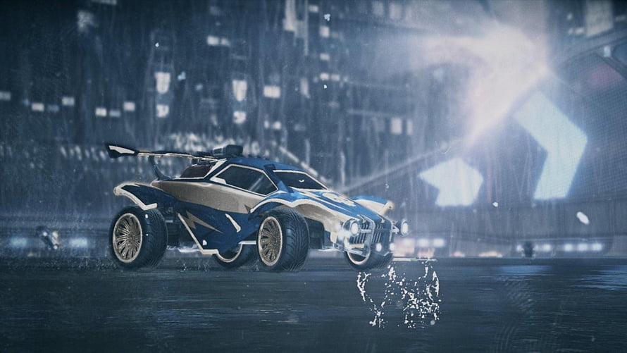 Rocket League Fennec car drifting through a rainy stadium with glowing directional arrows and water splashes HD wallpaper