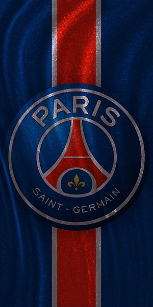 Paris Saint-Germain Club Crest on Blue Jersey Fabric with Red Stripe Detail HD phone wallpaper