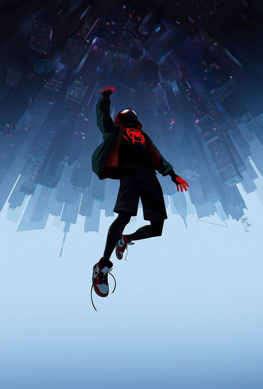 Miles Morales Spider-Man in Spider-Verse Style Leaping Over a Futuristic Cyberpunk City HD phone wallpaper