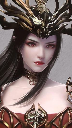 Medusa Queen Fantasy Portrait with Ornate Golden Crown and Red Eyes HD phone wallpaper