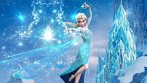 Elsa from Frozen Creating Snow Magic in Front of Her Ice Castle HD wallpaper