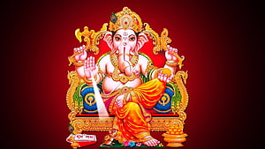 Lord Ganesha Seated on Ornate Golden Throne with Mouse and Laddu Offering HD wallpaper