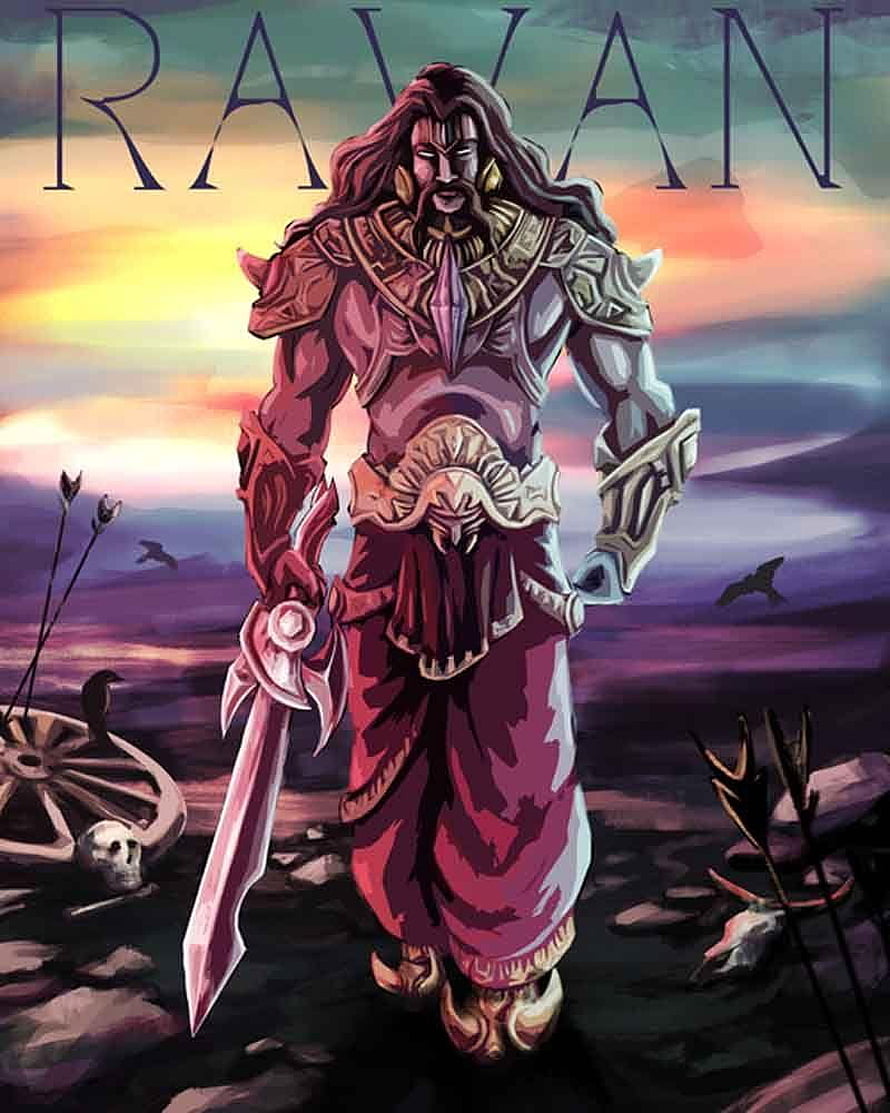 Ravana Fantasy Warrior Illustration with Sword and Ornate Armor HD phone wallpaper