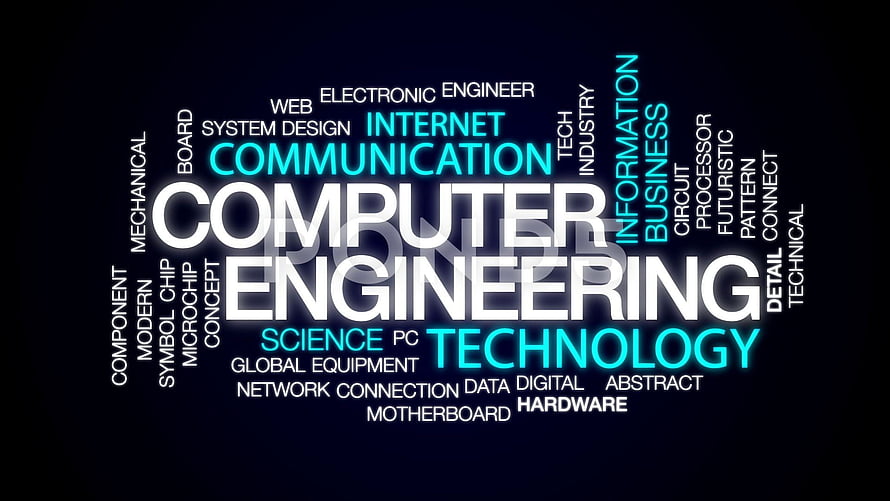 Computer Engineering Technology Word Cloud with Digital and Network Terms on Dark Background HD wallpaper