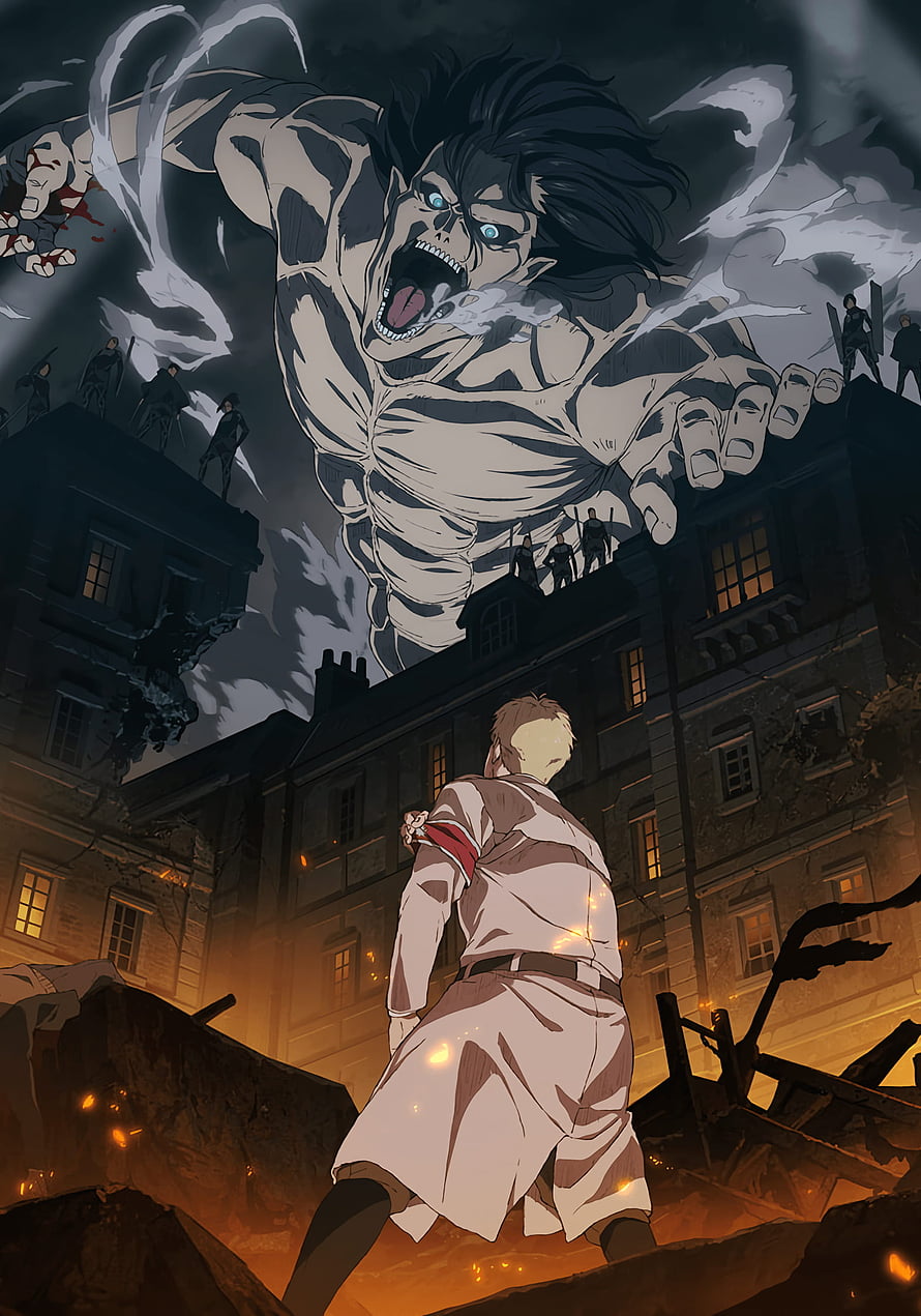 Attack on Titan Eren Yeager Titan Form Confronting Soldier in Ruined City HD phone wallpaper