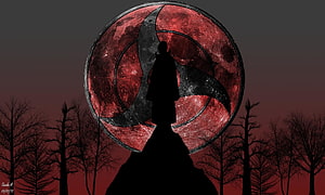 Itachi Uchiha Silhouette Before the Uchiha Clan Crest and Blood Moon HD wallpaper