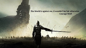 Lone Knight Standing Before a Massive Army on a Desolate Battlefield HD wallpaper