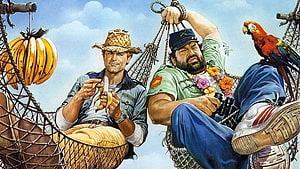 Bud Spencer and Terence Hill in Tropical Hammock with Parrot and Bananas HD wallpaper