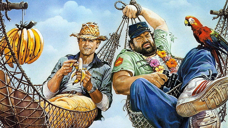 Bud Spencer and Terence Hill in Tropical Hammock with Parrot and Bananas HD wallpaper