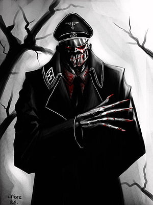Dark Digital Art of a Skeletal Zombie in a Black Military Uniform with Red Eyes HD phone wallpaper