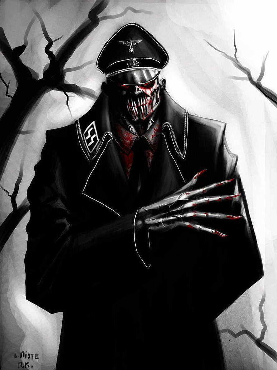 Dark Digital Art of a Skeletal Zombie in a Black Military Uniform with Red Eyes HD phone wallpaper