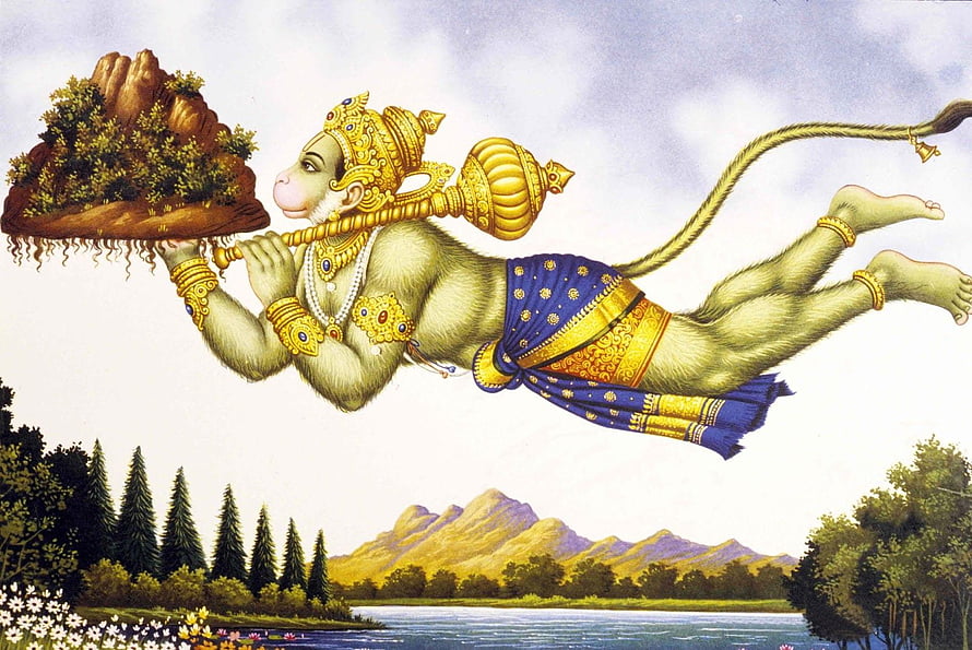 Hanuman Carrying the Dronagiri Mountain in Traditional Indian Mythological Art HD wallpaper