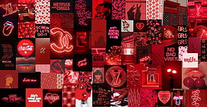 Dark Red Boujee Aesthetic Collage Featuring Neon Brand Logos and Pop Culture Icons HD wallpaper