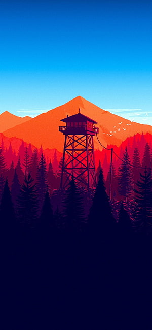 Firewatch Fire Tower Silhouette Against Orange Mountain Range and Pine Forest at Dusk HD phone wallpaper