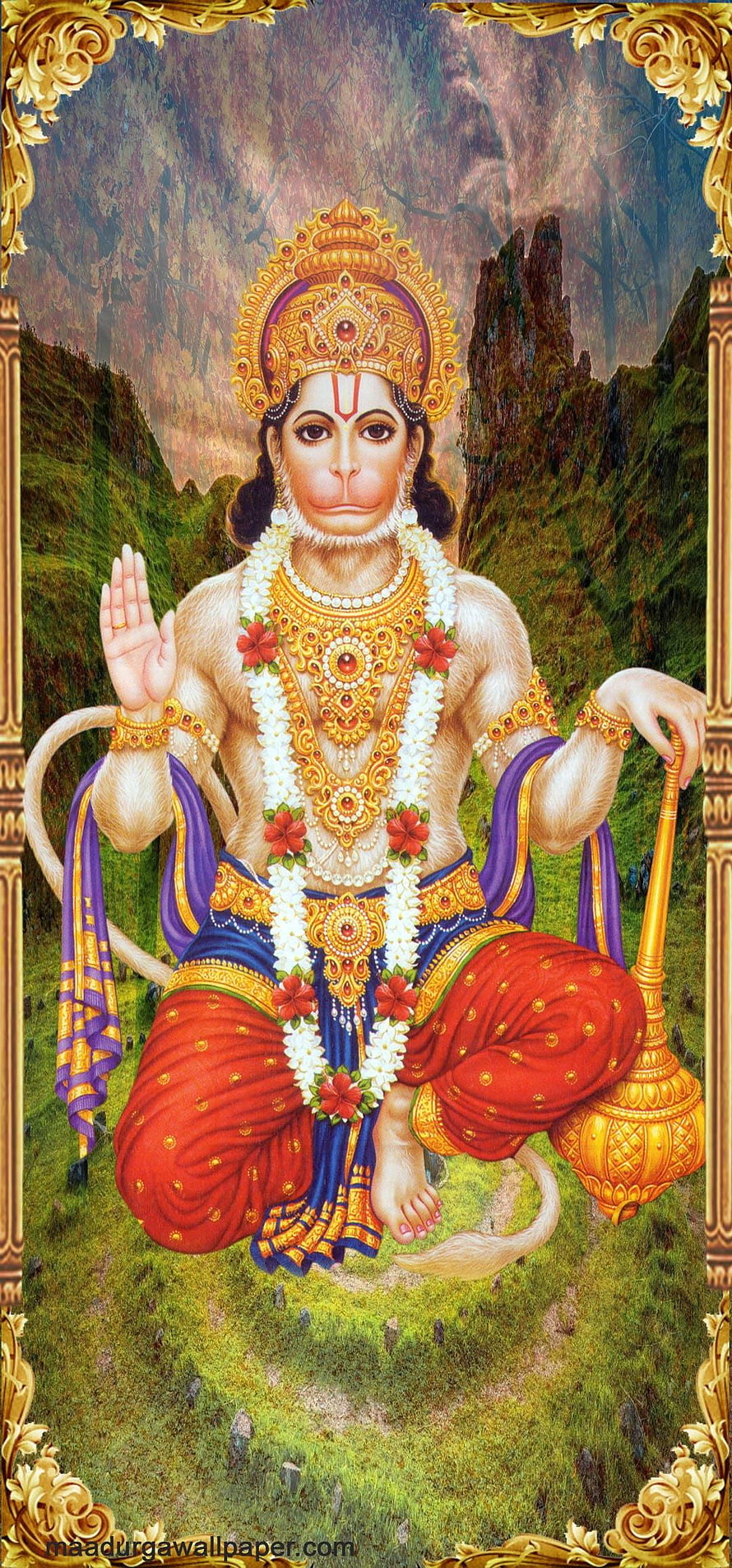 Hanuman Ji Devotional Portrait in Ornate Golden Frame with Floral Garland and Mountain Landscape HD phone wallpaper
