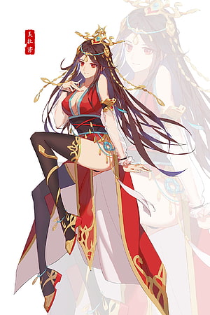 Cai Lin Medusa Queen Character Art in Red and Gold Fantasy Attire HD phone wallpaper