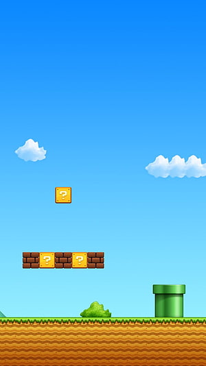 Super Mario Bros Classic Level Scene With Question Blocks, Green Pipe, and Blue Sky HD phone wallpaper