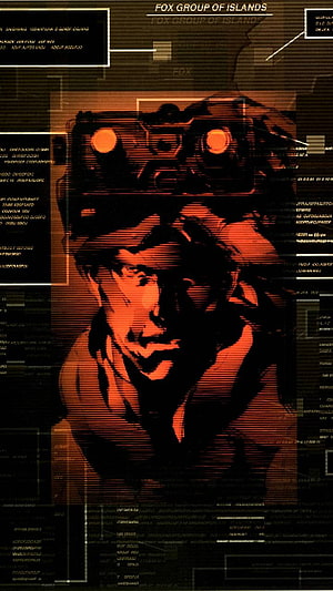 Metal Gear Solid Fox Group of Islands Tactical Interface with Glitch Art Character Portrait HD phone wallpaper