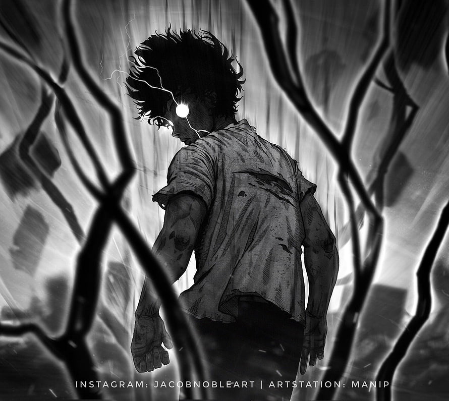 Dark Anime Character with Glowing Eye in Monochrome Rainy Scene HD wallpaper