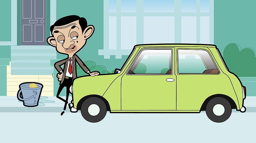 Mr Bean Animated Series Cartoon Character Leaning on Green Mini Car HD wallpaper