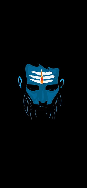 Dark Mahadev Minimalist Blue Face Art with Third Eye and Sacred Mark on Black Background HD phone wallpaper