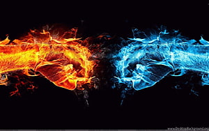 Fire and Ice Fist Collision on Black Background HD wallpaper