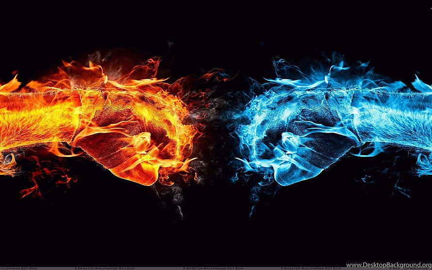 Fire and Ice Fist Collision on Black Background HD wallpaper