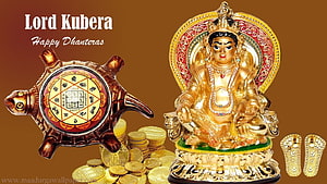 Lord Kubera Golden Idol With Turtle Yantra And Gold Coins For Dhanteras HD wallpaper