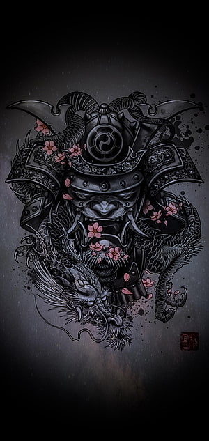 Dark Oni Samurai Armor with Dragon and Cherry Blossoms Tattoo Style Illustration HD phone wallpaper
