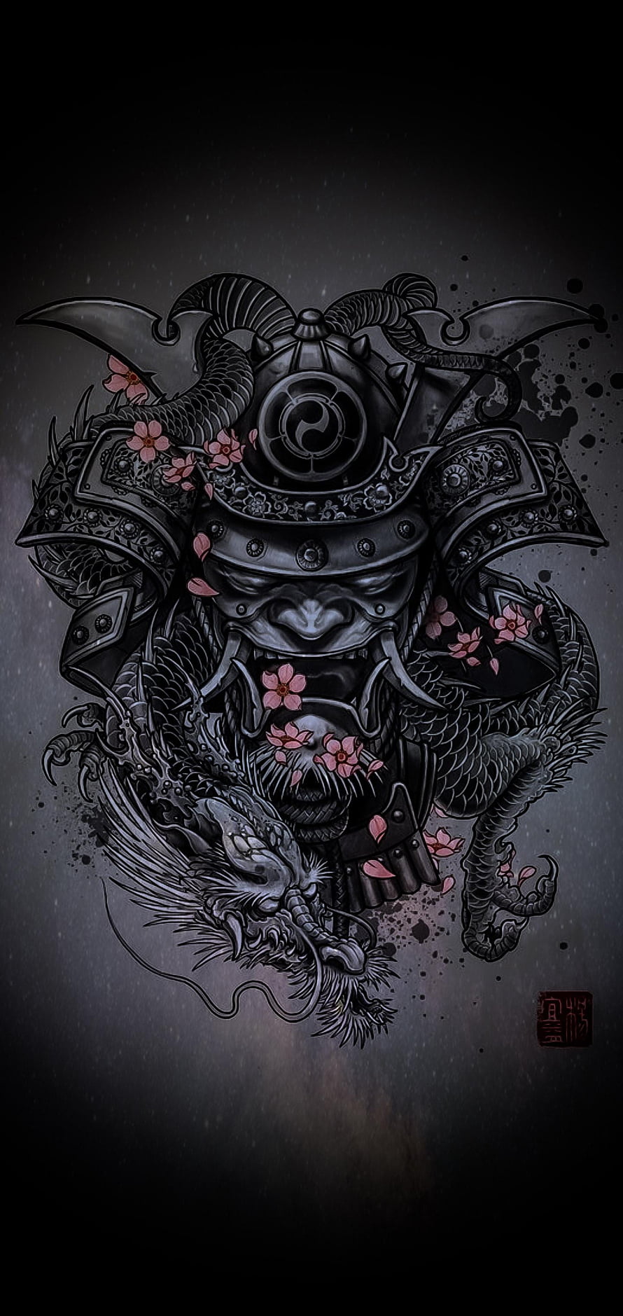 Dark Oni Samurai Armor with Dragon and Cherry Blossoms Tattoo Style Illustration HD phone wallpaper