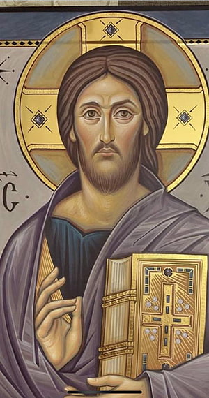 Traditional Orthodox Icon of Jesus Christ Holding a Gilded Gospel Book HD phone wallpaper