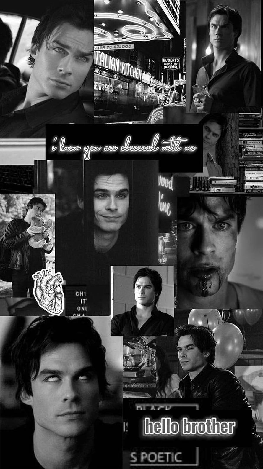 Damon Salvatore The Vampire Diaries Black and White Fan Art Collage HD phone wallpaper
