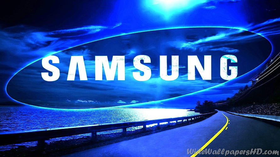 Samsung Logo Over Coastal Highway at Night with Blue Sky and Water Reflections HD wallpaper