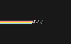 Pixel Art T-Rex Dinosaur Running with Rainbow Trail on Dark Background HD wallpaper