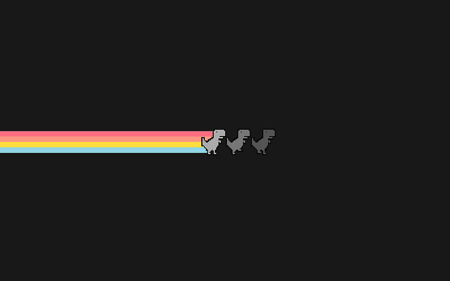Pixel Art T-Rex Dinosaur Running With Rainbow Trail On Dark Background HD wallpaper