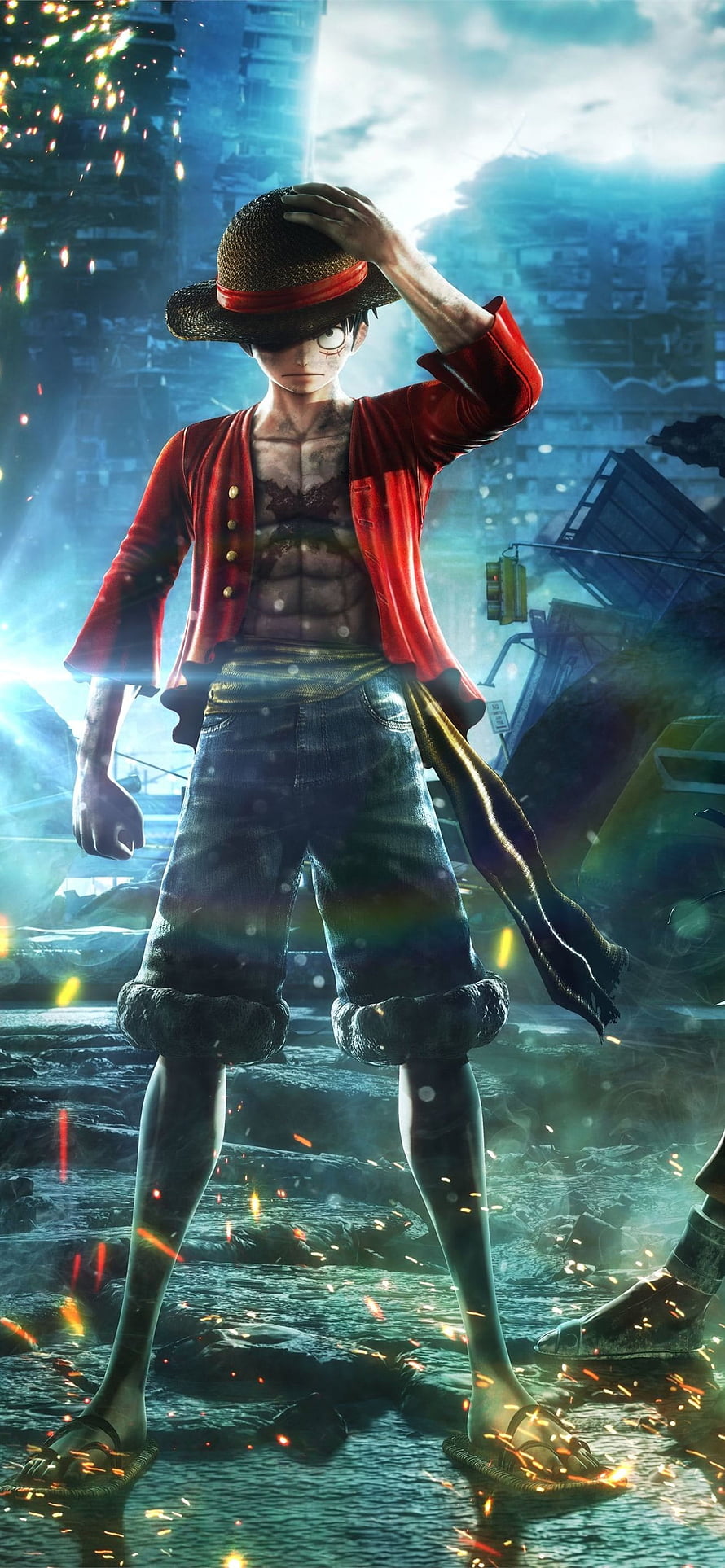Monkey D. Luffy standing in a ruined city with sparks and dramatic lighting HD phone wallpaper