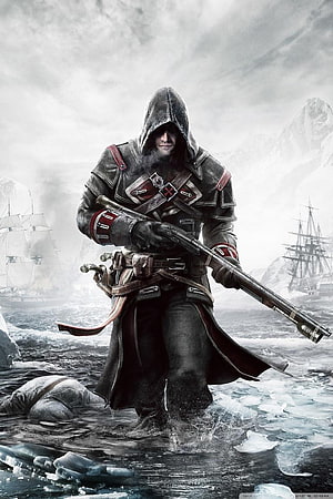 Assassin's Creed Rogue Hooded Assassin Holding Musket in Icy Arctic Waters HD phone wallpaper