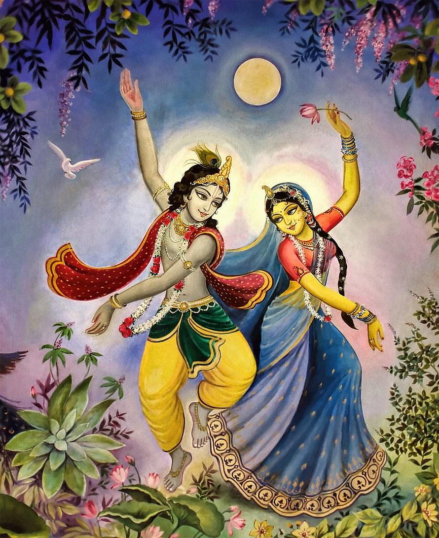 Krishna and Radha Dancing Under the Full Moon in a Lush Garden HD phone wallpaper