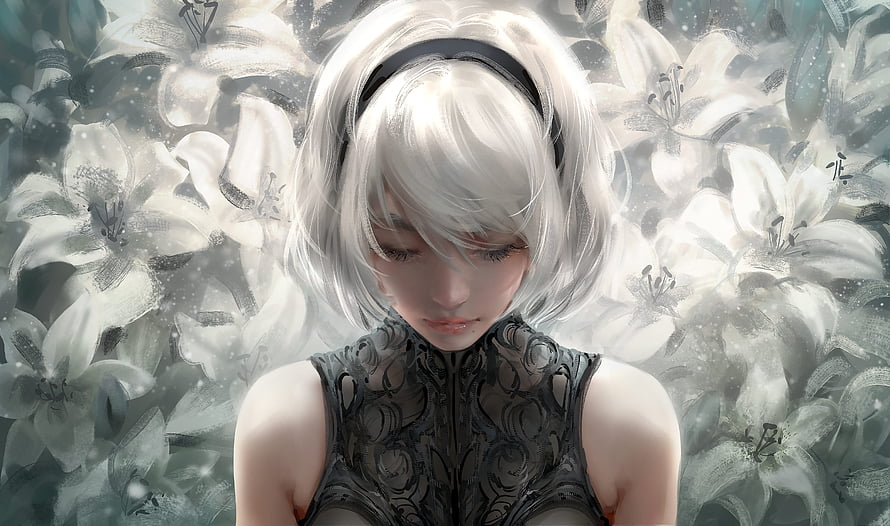 2B from NieR Automata in a monochrome floral field with white hair and black lace top HD wallpaper