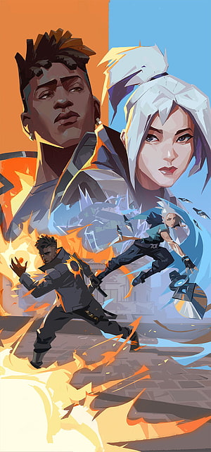 Valorant Phoenix and Jett Character Art with Fire and Ice Abilities HD phone wallpaper