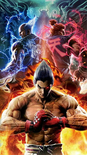 Tekken 8 Fighting Game Poster Featuring Jin Kazama, Heihachi, and Kazuya Mishima HD phone wallpaper