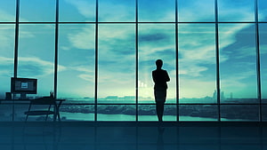 Silhouette of a businesswoman standing in a modern office with a panoramic city view HD wallpaper