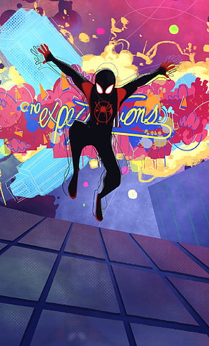 Miles Morales swinging through a vibrant graffiti cityscape in Spider-Verse style HD phone wallpaper