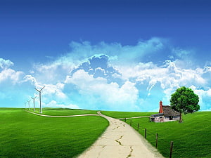 Serene Green Hills With Wind Turbines And Country Cottage Under Blue Sky HD wallpaper