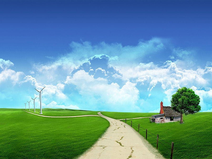 Serene Green Hills With Wind Turbines And Country Cottage Under Blue Sky HD wallpaper