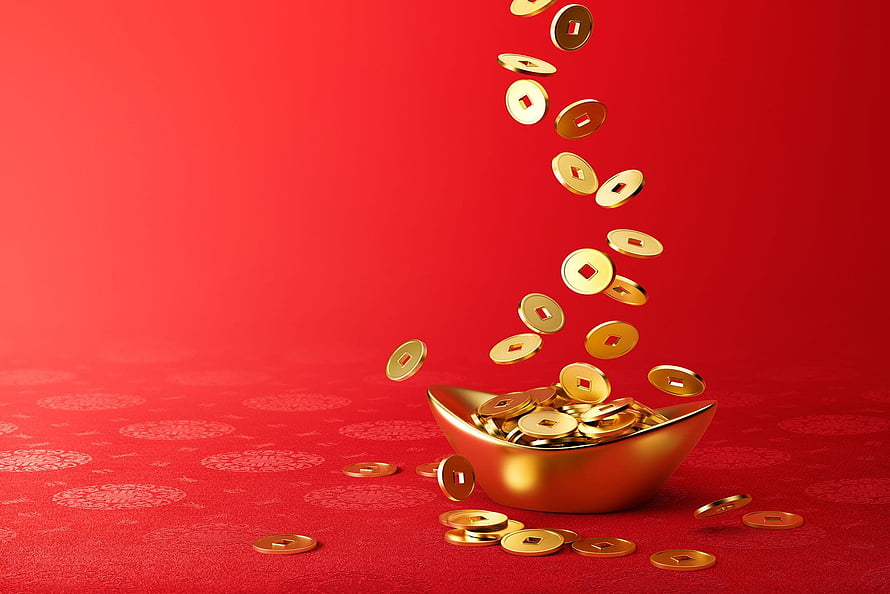 Golden Chinese Coins Falling Into a Gold Ingot on a Red Background HD wallpaper