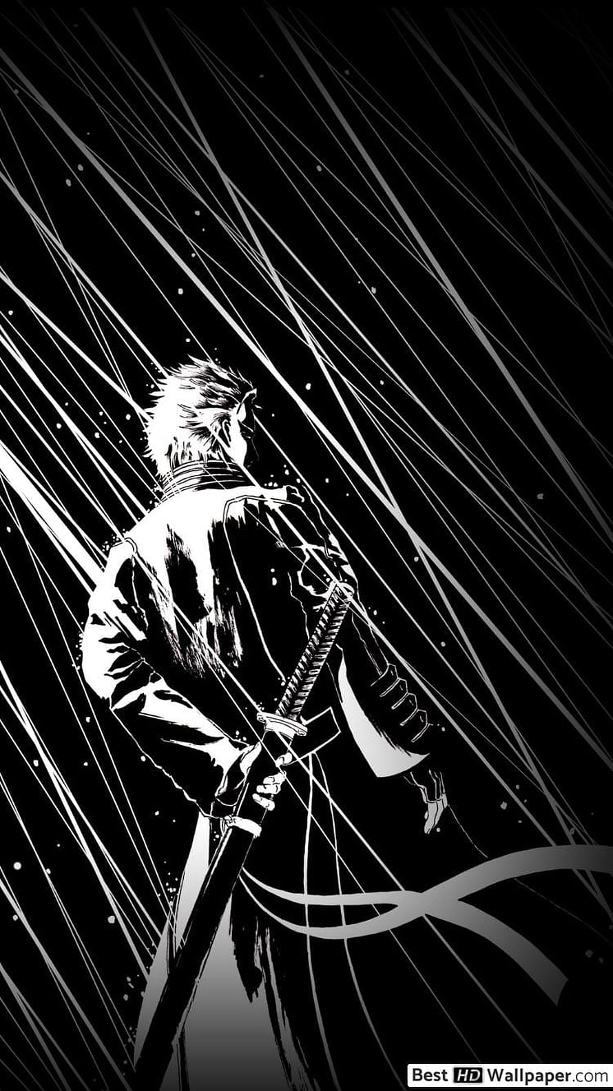 Vergil from Devil May Cry in dramatic black and white manga style holding a katana HD phone wallpaper