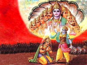 Lord Krishna and Arjuna in Viraat Roop with Divine Serpent Canopy HD wallpaper