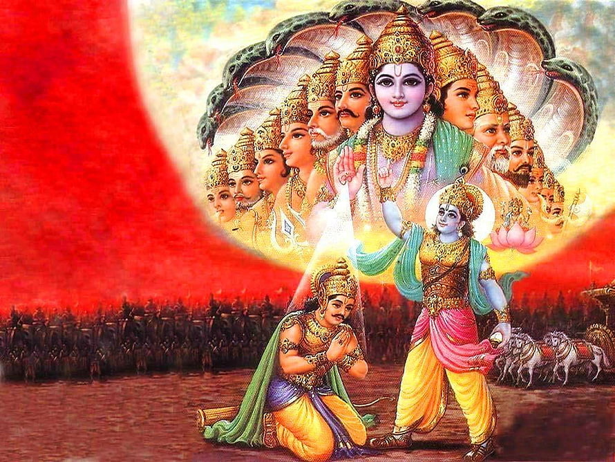 Lord Krishna and Arjuna in Viraat Roop with Divine Serpent Canopy HD wallpaper