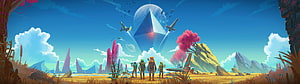 No Man's Sky alien landscape with explorers, spacecraft, and a massive floating crystal under a bright blue sky HD wallpaper